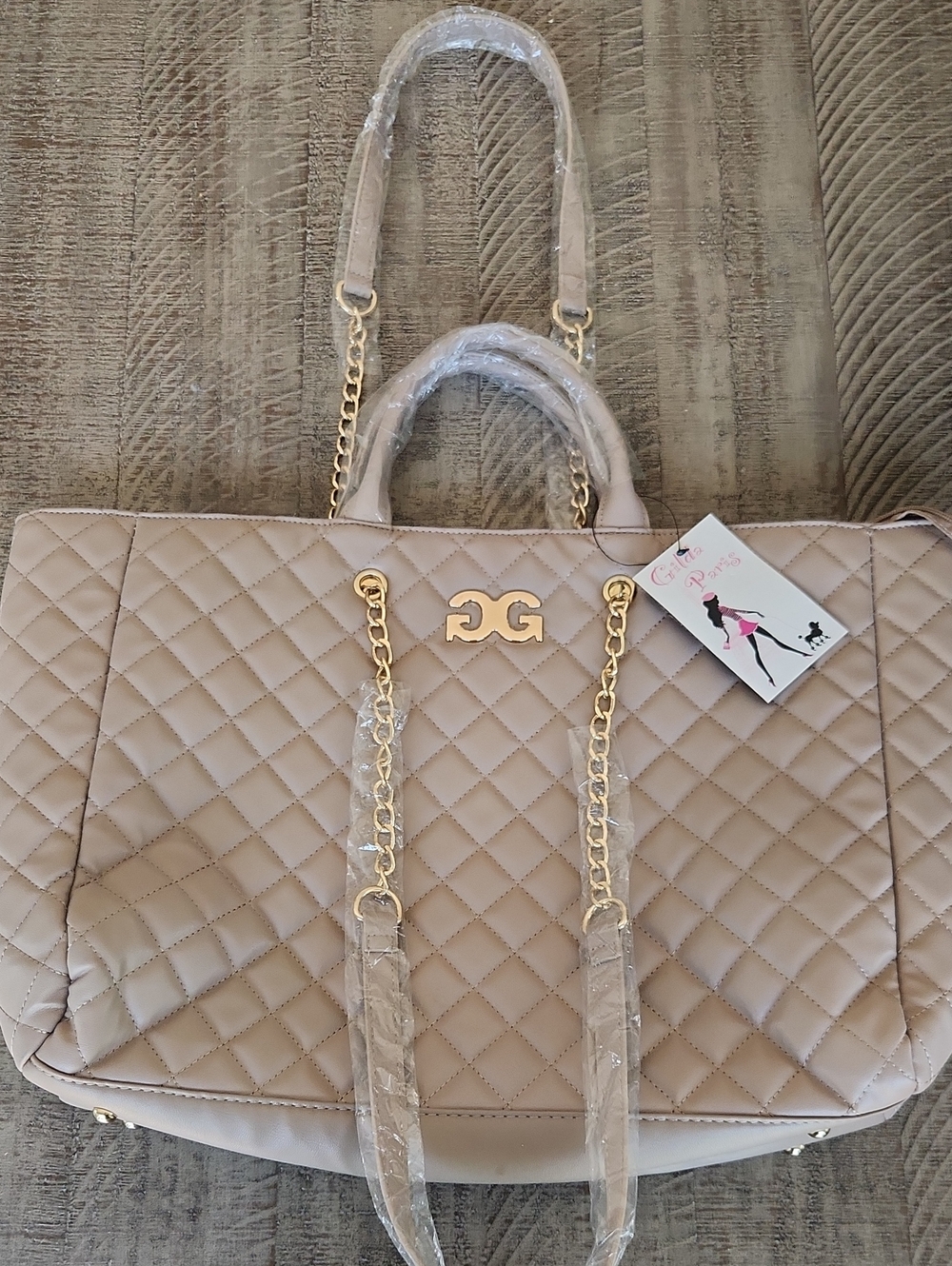 Quilted Tote Bag with Gold Chain Handles - Beige